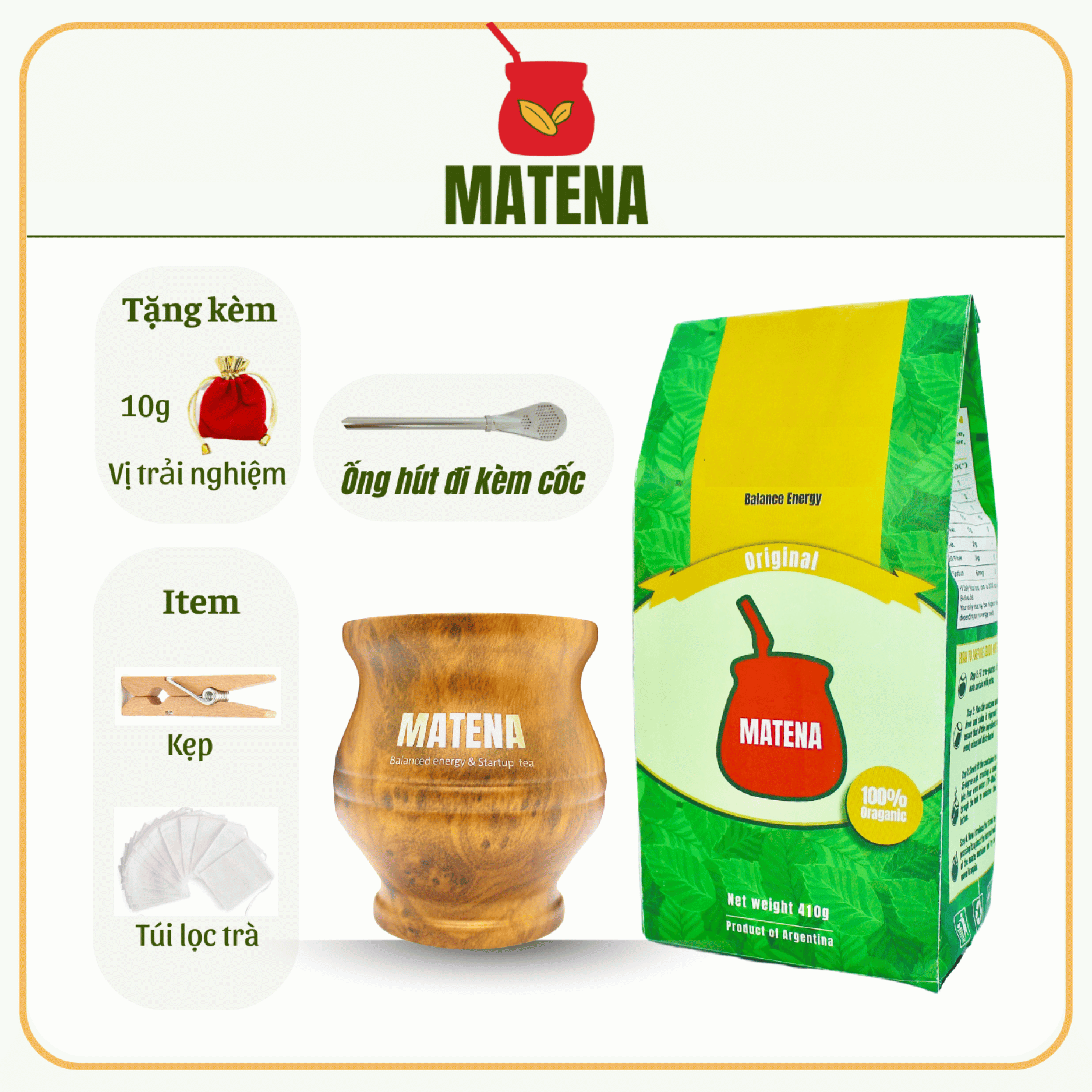 (Combo Trà + Cốc) Trà Nam Mỹ Yerba Mate dòng Nguyên Bản